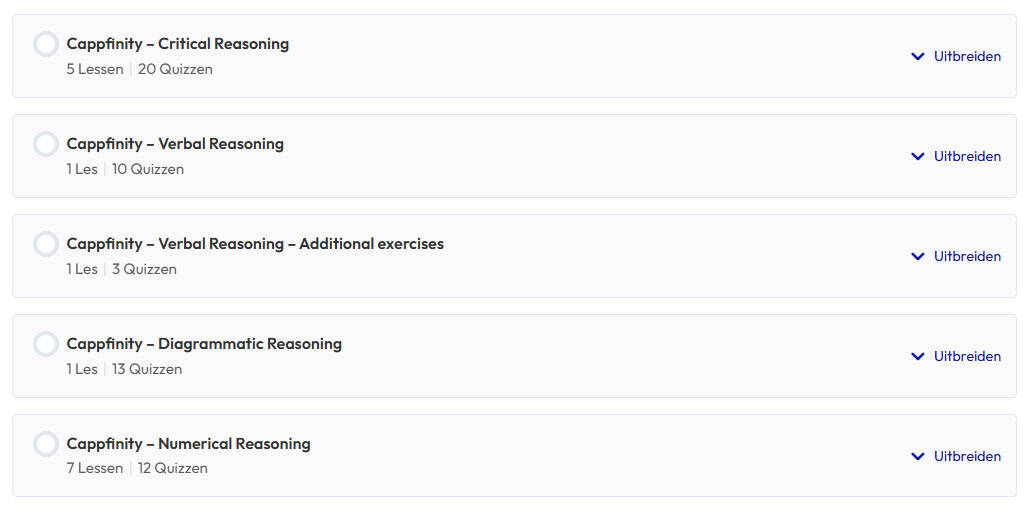 In ons oefenpakket voor het Cappfinity Assessment vind je alle onderdelen die je kan verwachten op de test.