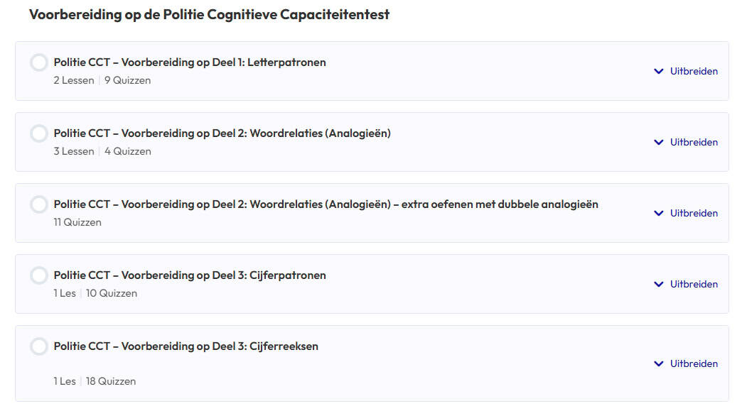 Met ons oefenpakket krijg je voor alle onderdelen van de cognitieve test van de politie lessen en oefentoetsen.