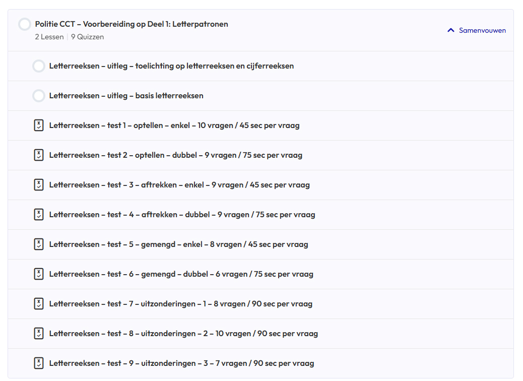 Met ons oefenpakket krijg je een realistische testsimulatie. Je start met lessen en gaat daarna de oefentoetsen maken. Deze nemen toe in moeilijkheid en tijdsdruk.