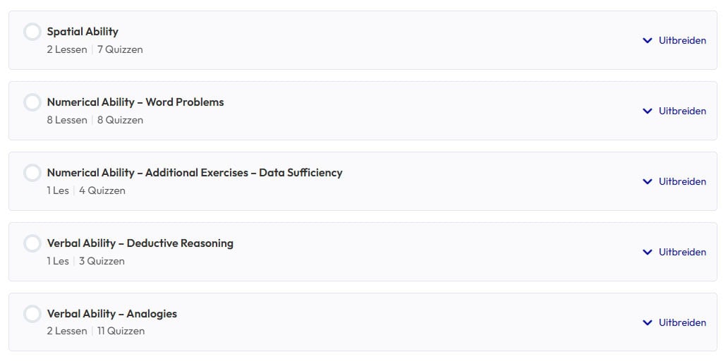 In ons oefenpakket voor het Master-HR ACE assessment vind je losse lessen en oefentoetsen voor elk onderdeel. Zo bereid jij je perfect voor op de ACE test.