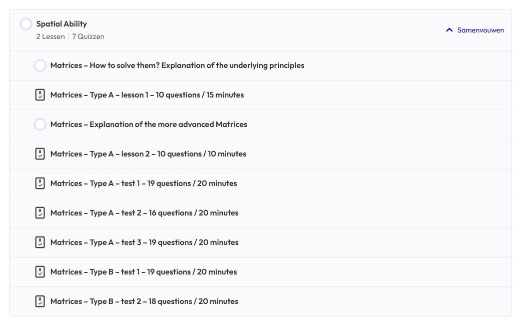In ons oefenpakket bouwt de moeilijkheidsgraad op. Je oefent eerst met minder vragen en meer tijd. Uiteindelijk maak je het vragen onder tijdsdruk.