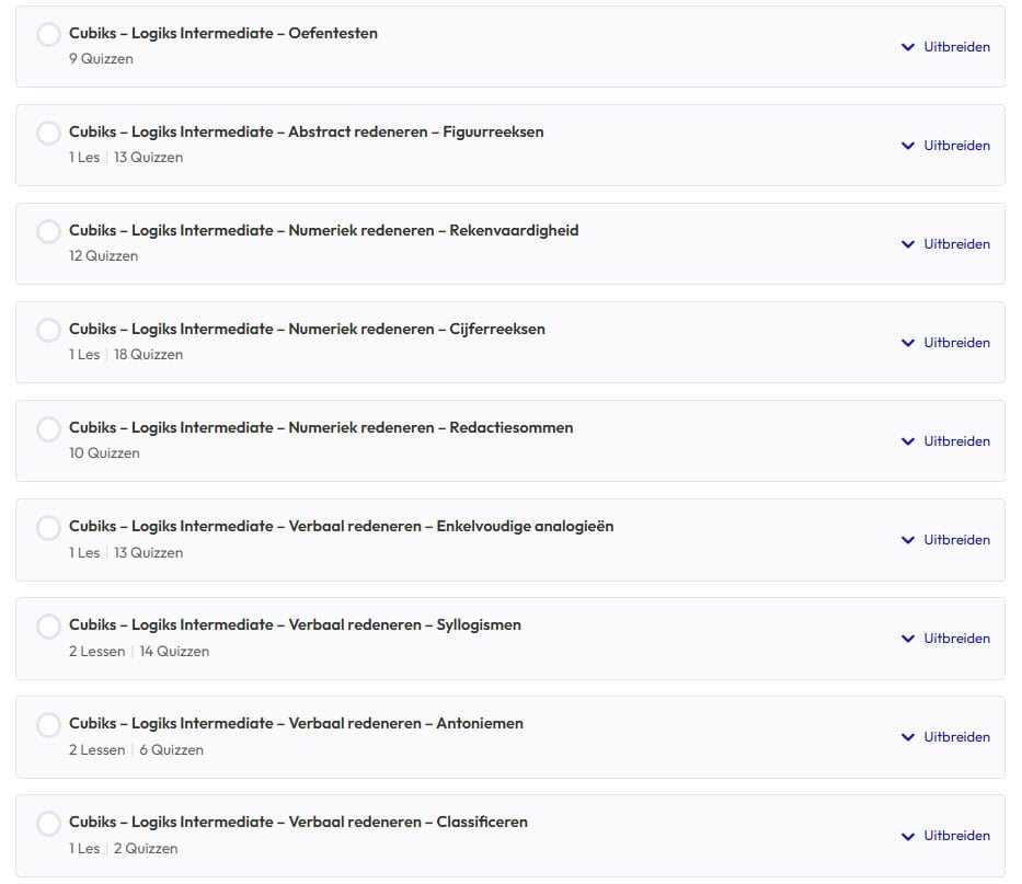 Een overzicht van alle onderdelen in het Hellotest.nl oefenpakket voor de Logiks General Intermediate