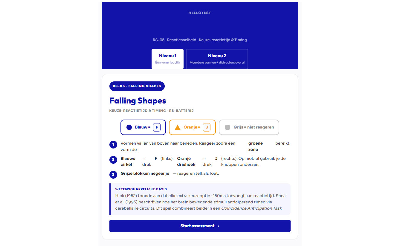 Bij de Brainsfirst NeurOlympics Activate moet je op het juiste moment een lijn "afschieten". Dat is gelijk aan een reactiesnelheid taak die ruimtelijk inzicht combineert. Bij Hellotest.nl oefen je deze principes in een game.