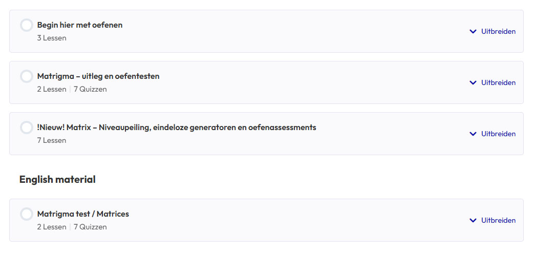 Hier zie je het Hellotest.nl cursusoverzicht voor de Matrigma Cursus.